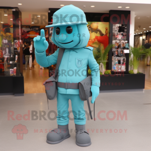 Turquoise Army Soldier mascot costume character dressed with a Jeggings and Messenger bags