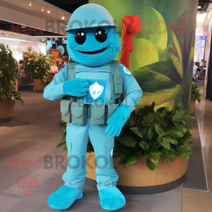 Turquoise Army Soldier mascot costume character dressed with a Jeggings and Messenger bags