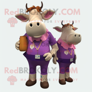 Purple Jersey Cow mascot costume character dressed with a Cargo Shorts and Coin purses