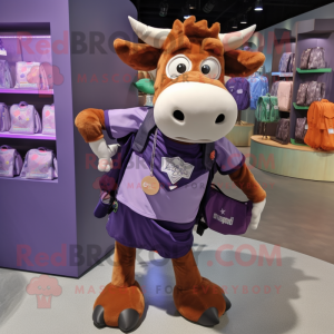 Purple Jersey Cow mascot costume character dressed with a Cargo Shorts and Coin purses