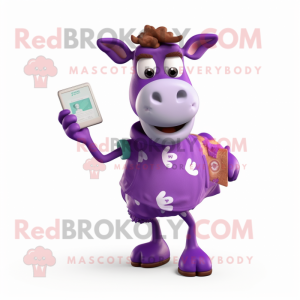 Purple Jersey Cow mascot costume character dressed with a Cargo Shorts and Coin purses