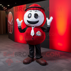 Red Soccer Ball mascot costume character dressed with a Suit and Suspenders