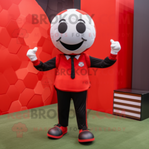 Red Soccer Ball mascot costume character dressed with a Suit and Suspenders