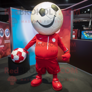 Red Soccer Ball mascot costume character dressed with a Suit and Suspenders