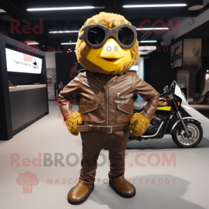 Brown Canary mascot costume character dressed with a Moto Jacket and Handbags