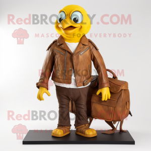 Brown Canary mascot costume character dressed with a Moto Jacket and Handbags