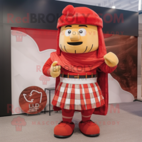 Red Roman Soldier mascot costume character dressed with a Flannel Shirt and Wraps