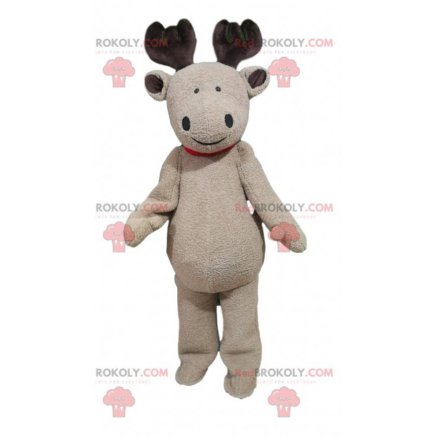 Touching beige deer mascot with brown antlers - Redbrokoly.com