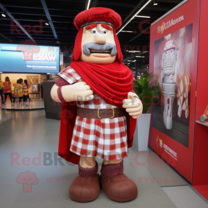 Red Roman Soldier mascot costume character dressed with a Flannel Shirt and Wraps