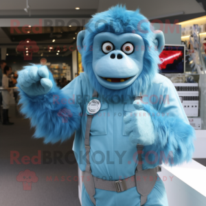 Sky Blue Orangutan mascot costume character dressed with a Dungarees and Bracelet watches