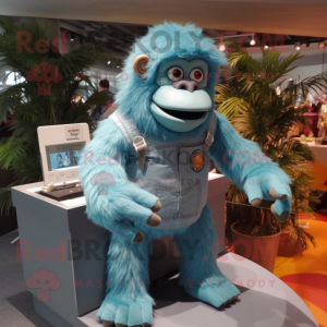 Sky Blue Orangutan mascot costume character dressed with a Dungarees and Bracelet watches