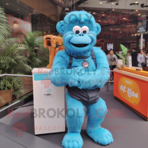 Sky Blue Orangutan mascot costume character dressed with a Dungarees and Bracelet watches
