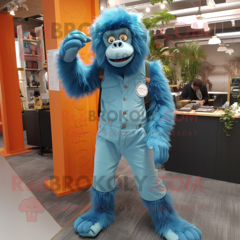 Sky Blue Orangutan mascot costume character dressed with a Dungarees and Bracelet watches Sky Blue Orangutan mascot costume character dressed with a Dungarees and Bracelet watches