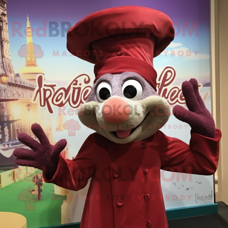 Maroon Ratatouille mascot costume character dressed with a Blouse and Hats Maroon Ratatouille mascot costume character dressed with a Blouse and Hats