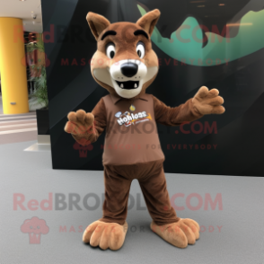 Brown Dingo mascot costume character dressed with a A-Line Dress and Shoe clips