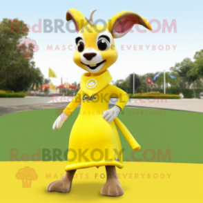 Lemon Yellow Gazelle mascot costume character dressed with a A-Line Skirt and Shawl pins