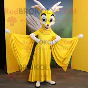 Lemon Yellow Gazelle mascot costume character dressed with a A-Line Skirt and Shawl pins