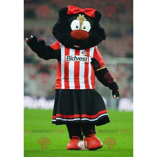 Svart kattmaskot i röd och vit outfit - Redbrokoly.com