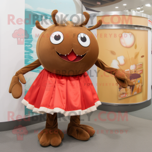 Brown Crab Cakes mascot costume character dressed with a Circle Skirt and Clutch bags