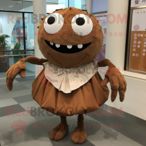 Brown Crab Cakes mascot costume character dressed with a Circle Skirt and Clutch bags