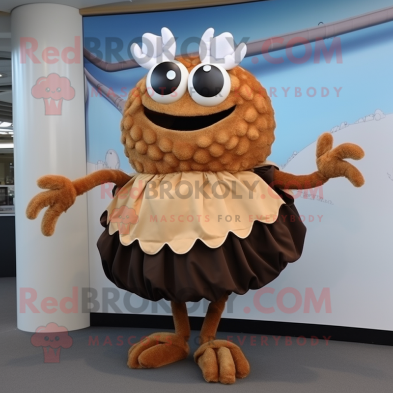 Brown Crab Cakes mascot costume character dressed with a Circle Skirt and Clutch bags