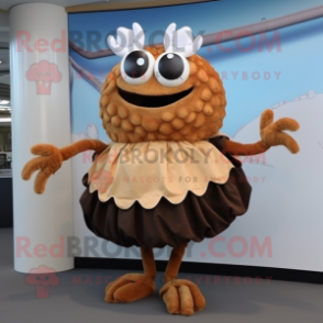 Brown Crab Cakes mascot costume character dressed with a Circle Skirt and Clutch bags