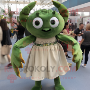 Olive Crab mascot costume character dressed with a Blouse and Hair clips