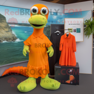 Orange Loch Ness Monster mascot costume character dressed with a Shift Dress and Headbands