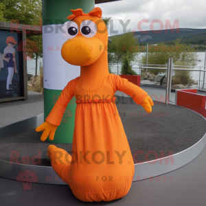 Orange Loch Ness Monster mascot costume character dressed with a Shift Dress and Headbands