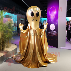 Gold Squid mascot costume character dressed with a Evening Gown and Backpacks