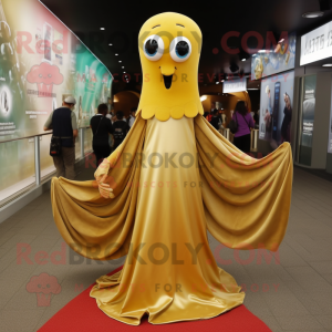 Gold Squid mascot costume character dressed with a Evening Gown and Backpacks