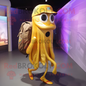 Gold Squid mascot costume character dressed with a Evening Gown and Backpacks