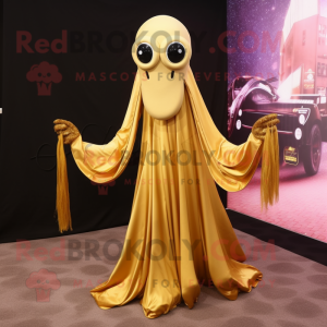 Gold Squid mascot costume character dressed with a Evening Gown and Backpacks