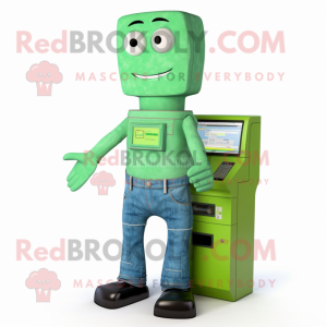 Green Computer mascot costume character dressed with a Jeans and Pocket squares