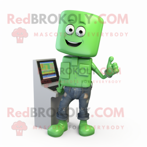 Green Computer mascot costume character dressed with a Jeans and Pocket squares