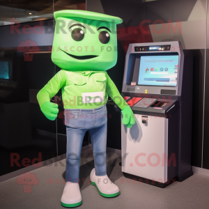 Green Computer mascot costume character dressed with a Jeans and Pocket squares