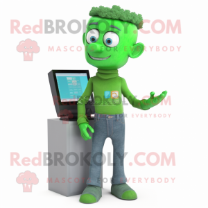 Green Computer mascot costume character dressed with a Jeans and Pocket squares