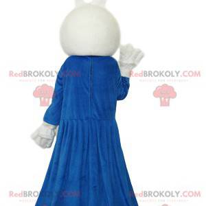 Maskot bílý králík s modrými šaty a červenou mašlí -