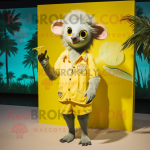 Lemon Yellow Aye-Aye mascot costume character dressed with a Swimwear and Lapel pins