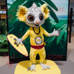 Lemon Yellow Aye-Aye mascot costume character dressed with a Swimwear and Lapel pins