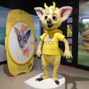 Lemon Yellow Aye-Aye mascot costume character dressed with a Swimwear and Lapel pins