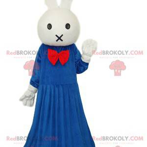 Maskot bílý králík s modrými šaty a červenou mašlí -