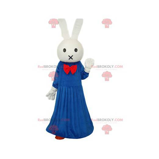 Coniglio bianco mascotte con un vestito blu e un fiocco rosso -