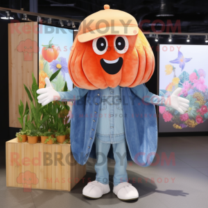 Peach Jellyfish mascot costume character dressed with a Denim Shirt and Shawl pins