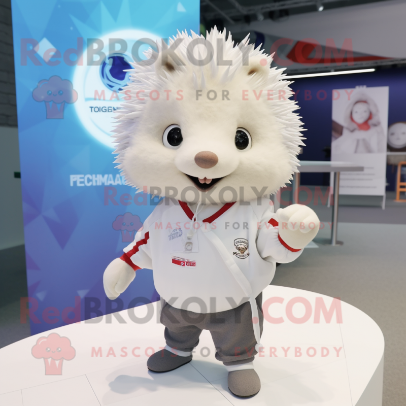 White Hedgehog mascot costume character dressed with a Sweatshirt and Cufflinks