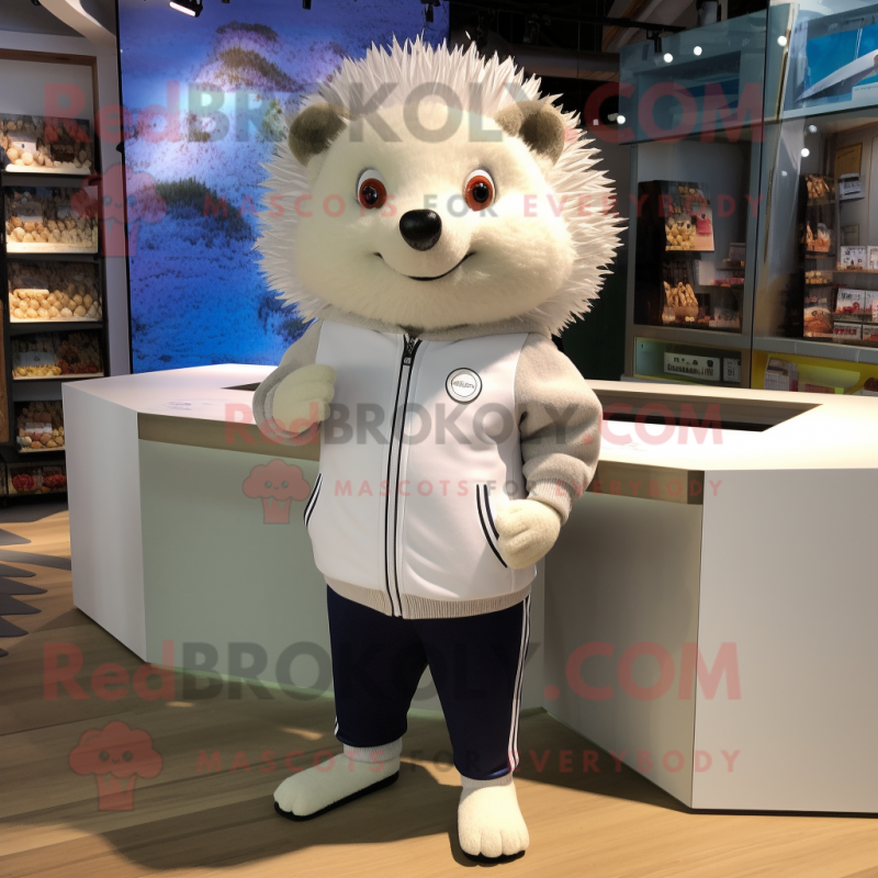 White Hedgehog mascot costume character dressed with a Sweatshirt and Cufflinks