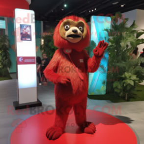 Red Sloth mascot costume character dressed with a Wrap Dress and Hairpins
