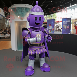 Purple Medieval Knight mascot costume character dressed with a Playsuit and Rings