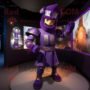 Purple Medieval Knight mascot costume character dressed with a Playsuit and Rings