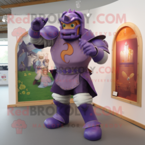 Purple Medieval Knight mascot costume character dressed with a Playsuit and Rings